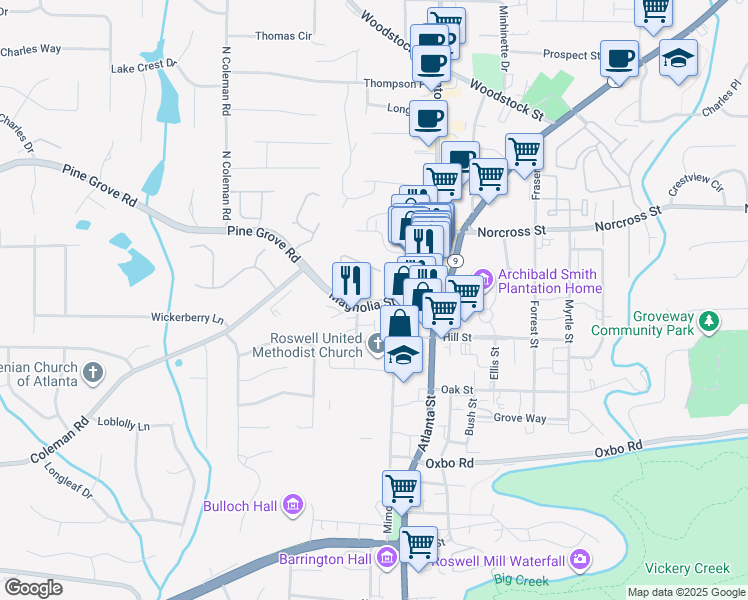 map of restaurants, bars, coffee shops, grocery stores, and more near 97 Magnolia Street in Roswell