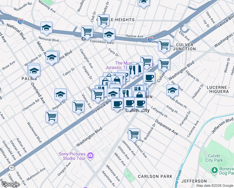 map of restaurants, bars, coffee shops, grocery stores, and more near 9929 Venice Boulevard in Los Angeles