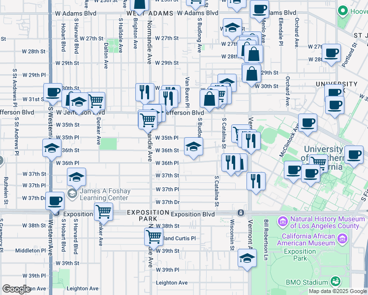 map of restaurants, bars, coffee shops, grocery stores, and more near 1293 West 36th Street in Los Angeles