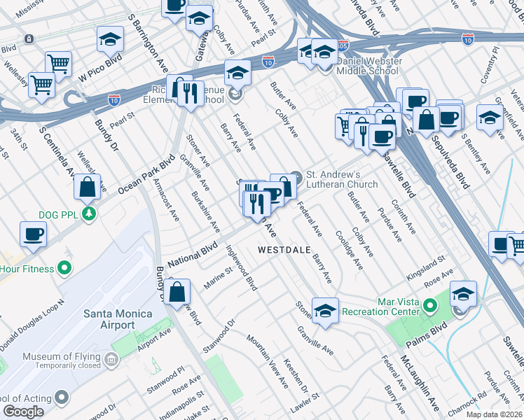 map of restaurants, bars, coffee shops, grocery stores, and more near in Los Angeles