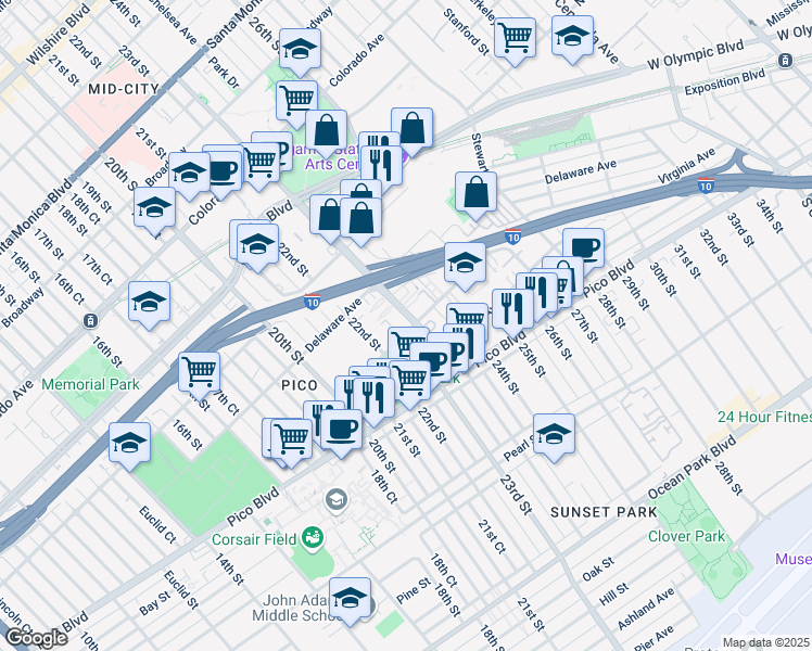 map of restaurants, bars, coffee shops, grocery stores, and more near 1950 Cloverfield Boulevard in Santa Monica