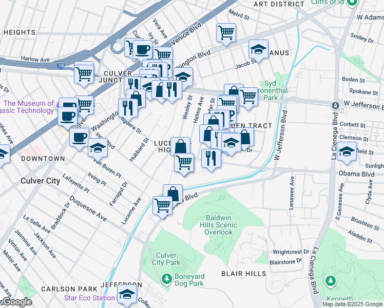 map of restaurants, bars, coffee shops, grocery stores, and more near 8617 Higuera Street in Culver City