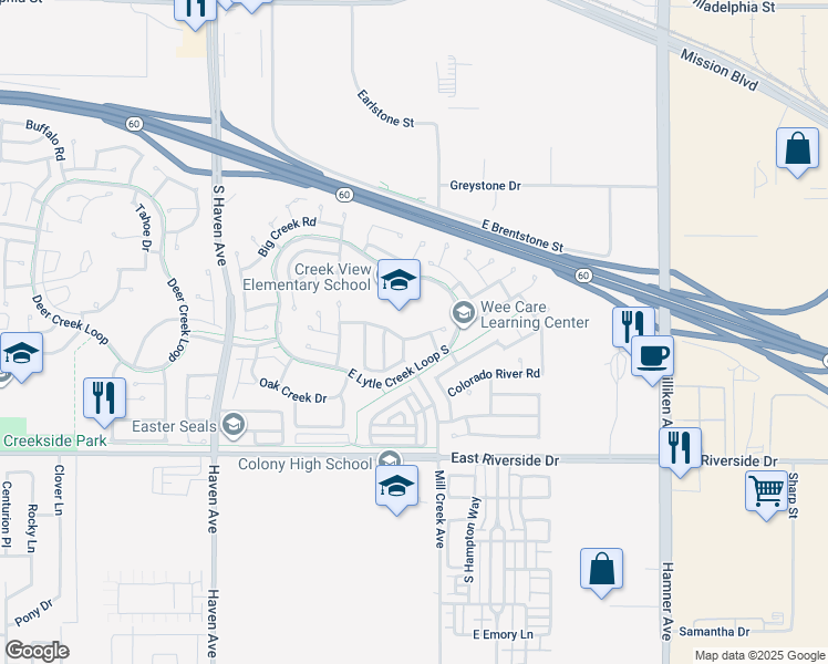 map of restaurants, bars, coffee shops, grocery stores, and more near 3833 Antelope Creek Drive in Ontario