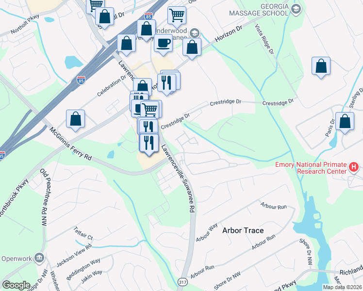 map of restaurants, bars, coffee shops, grocery stores, and more near Beynon Lane Northeast in Suwanee