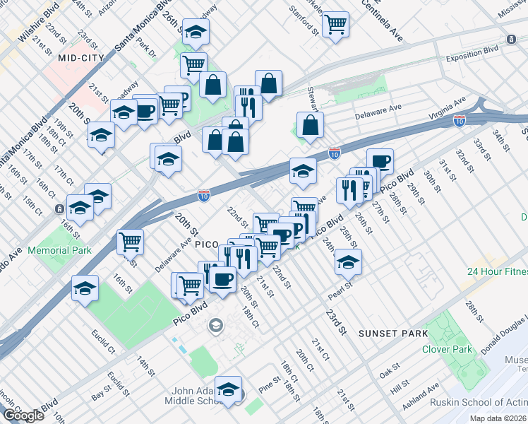 map of restaurants, bars, coffee shops, grocery stores, and more near 2241 Virginia Avenue in Santa Monica