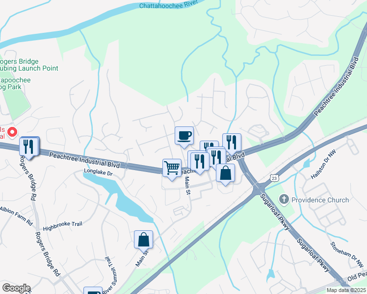 map of restaurants, bars, coffee shops, grocery stores, and more near 2130 Chattahoochee Drive Northwest in Duluth