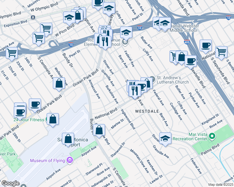map of restaurants, bars, coffee shops, grocery stores, and more near 2807 Granville Avenue in Los Angeles