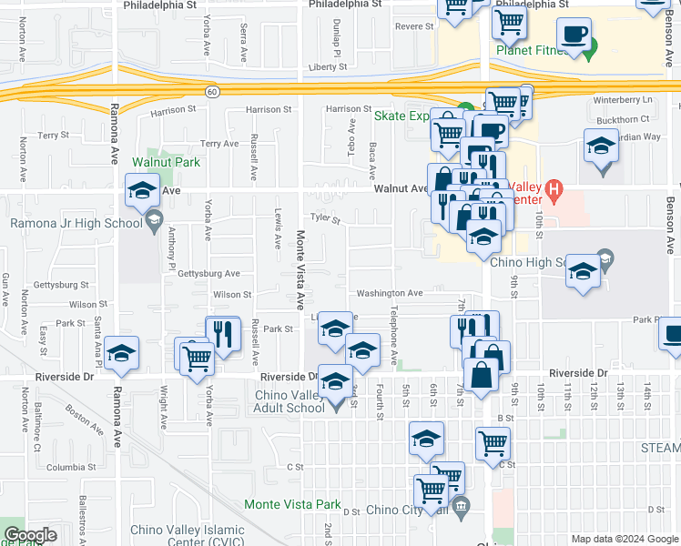 map of restaurants, bars, coffee shops, grocery stores, and more near 12686 3rd Street in Chino