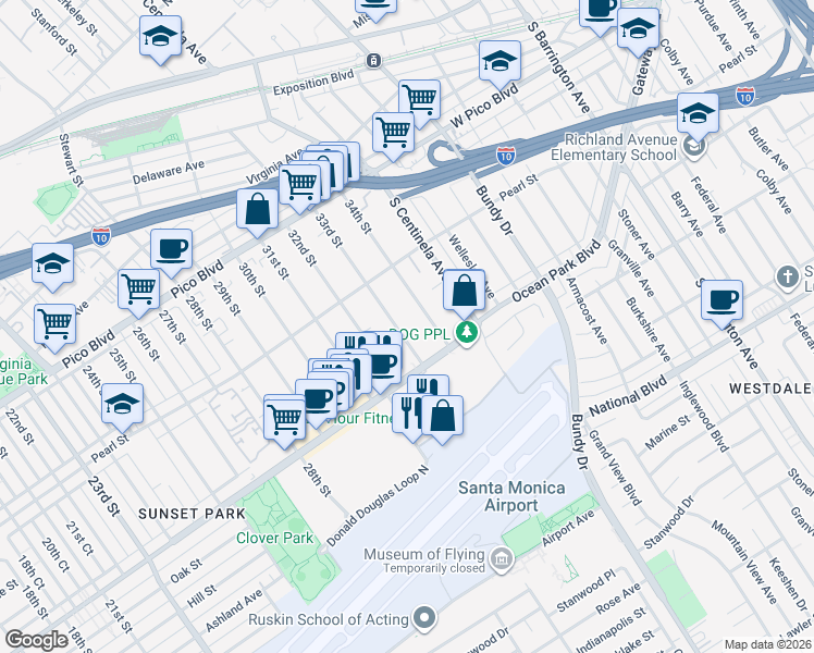 map of restaurants, bars, coffee shops, grocery stores, and more near 2645 33rd Street in Santa Monica