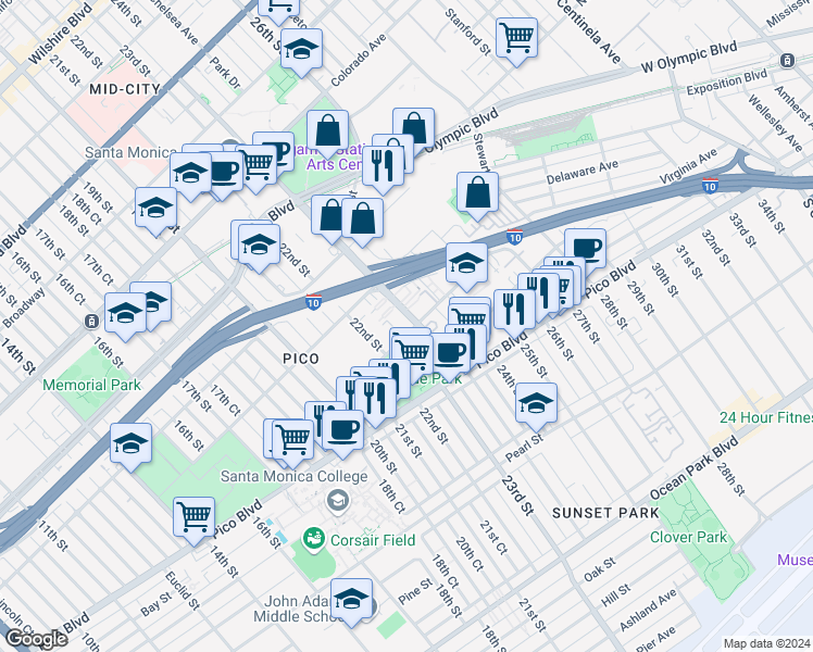 map of restaurants, bars, coffee shops, grocery stores, and more near 2241 Virginia Avenue in Santa Monica