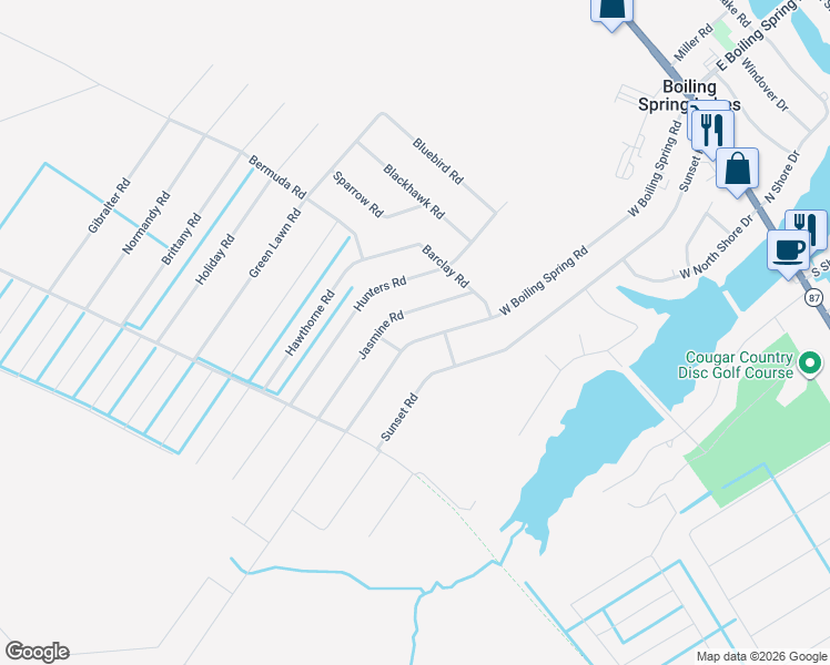 map of restaurants, bars, coffee shops, grocery stores, and more near 701 West Boiling Spring Road in Southport