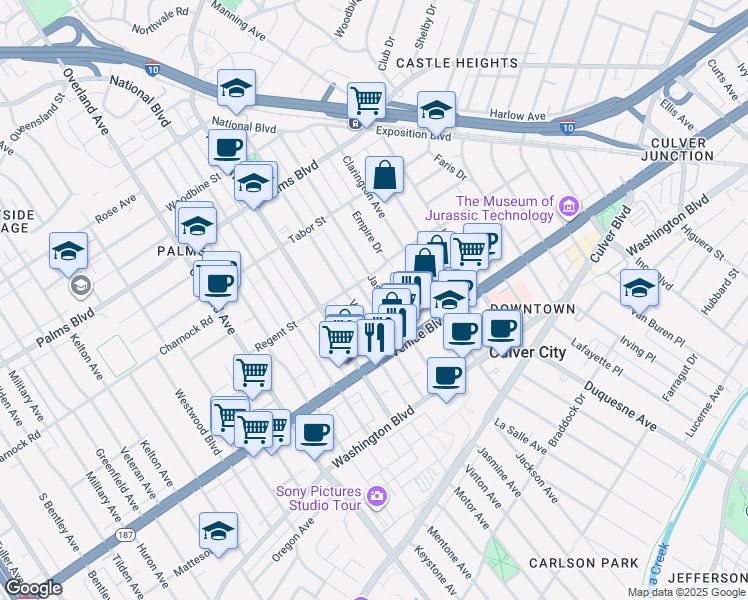 map of restaurants, bars, coffee shops, grocery stores, and more near 3725 Jasmine Avenue in Los Angeles