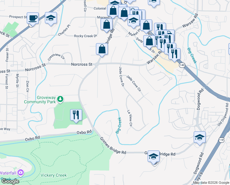 map of restaurants, bars, coffee shops, grocery stores, and more near 190 Elaine Dr in Roswell