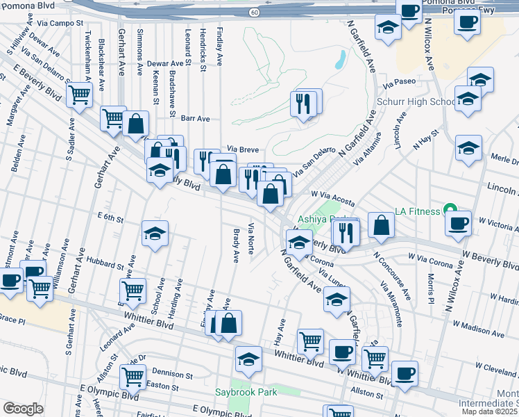 map of restaurants, bars, coffee shops, grocery stores, and more near 3001 West Beverly Boulevard in Montebello