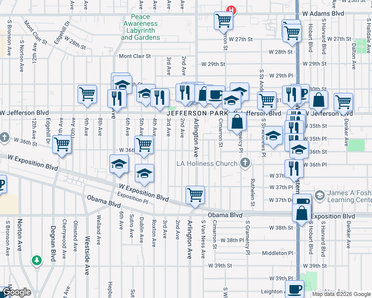 map of restaurants, bars, coffee shops, grocery stores, and more near 3488 2nd Avenue in Los Angeles