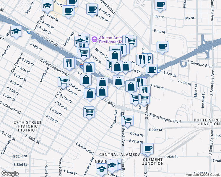 map of restaurants, bars, coffee shops, grocery stores, and more near 1704 Hooper Avenue in Los Angeles