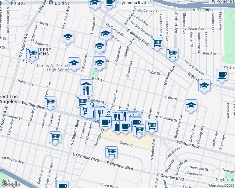 map of restaurants, bars, coffee shops, grocery stores, and more near 630 Margaret Avenue in East Los Angeles