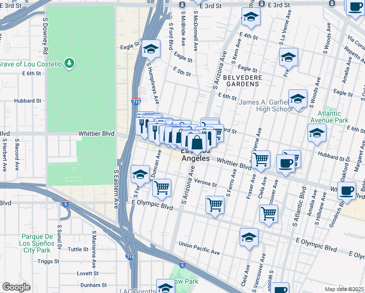 map of restaurants, bars, coffee shops, grocery stores, and more near 4585 Whittier Boulevard in East Los Angeles