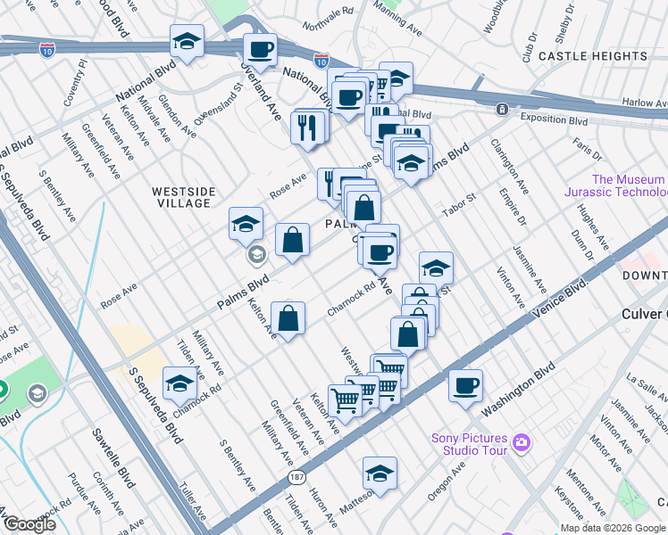 map of restaurants, bars, coffee shops, grocery stores, and more near 10748 Westminster Avenue in Los Angeles