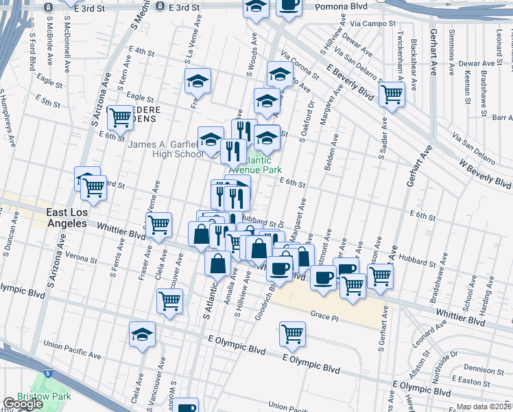 map of restaurants, bars, coffee shops, grocery stores, and more near 654 Amalia Avenue in East Los Angeles