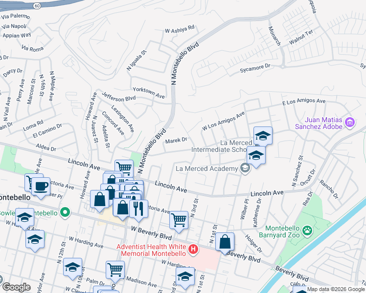 map of restaurants, bars, coffee shops, grocery stores, and more near 416 West Avenida De La Merced in Montebello
