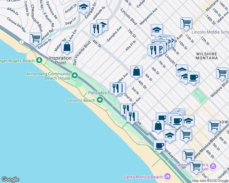 map of restaurants, bars, coffee shops, grocery stores, and more near 701 Ocean Avenue in Santa Monica