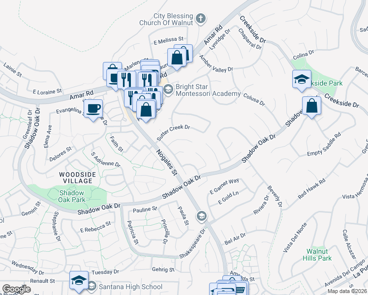 map of restaurants, bars, coffee shops, grocery stores, and more near 18984 Trucke Way in Walnut