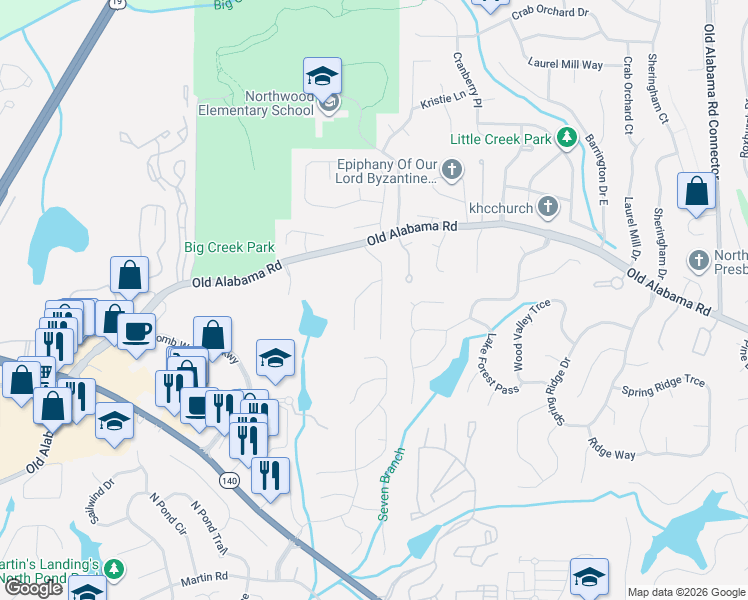 map of restaurants, bars, coffee shops, grocery stores, and more near 460 Ansley Drive in Roswell