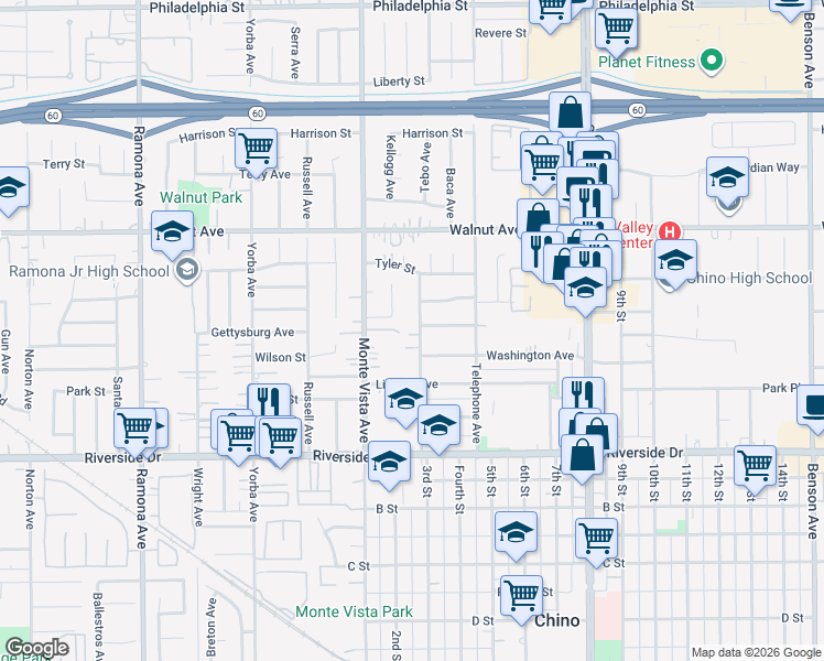map of restaurants, bars, coffee shops, grocery stores, and more near 12686 3rd Street in Chino