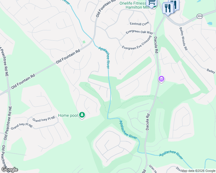map of restaurants, bars, coffee shops, grocery stores, and more near 680 River Valley Drive in Dacula