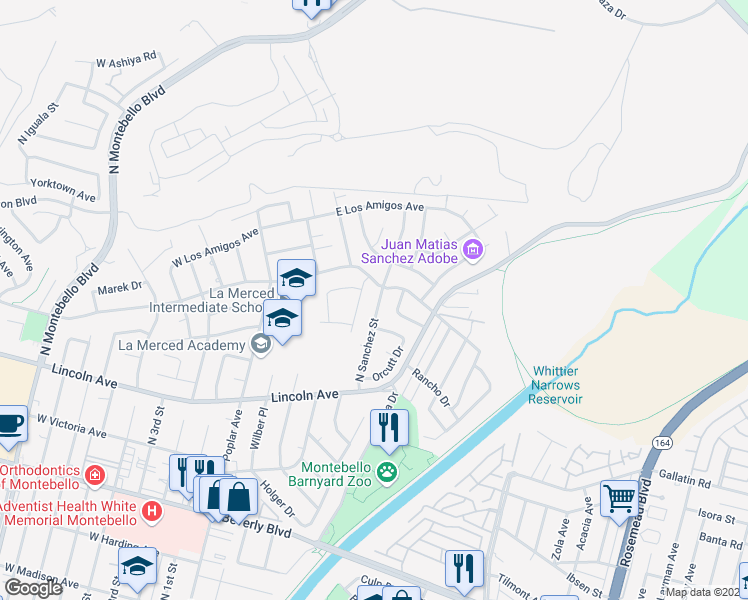 map of restaurants, bars, coffee shops, grocery stores, and more near 821 North Sanchez Street in Montebello