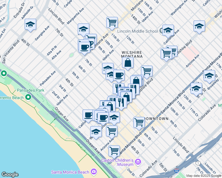 map of restaurants, bars, coffee shops, grocery stores, and more near 1044 7th Street in Santa Monica