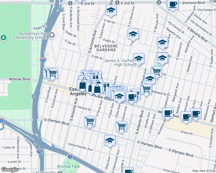 map of restaurants, bars, coffee shops, grocery stores, and more near 730 South Ferris Avenue in Los Angeles