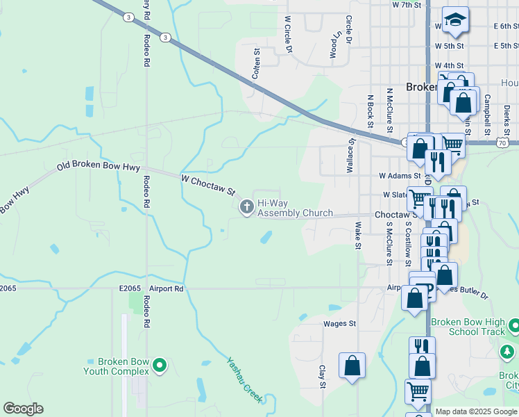 map of restaurants, bars, coffee shops, grocery stores, and more near 1108 West Choctaw Street in Broken Bow