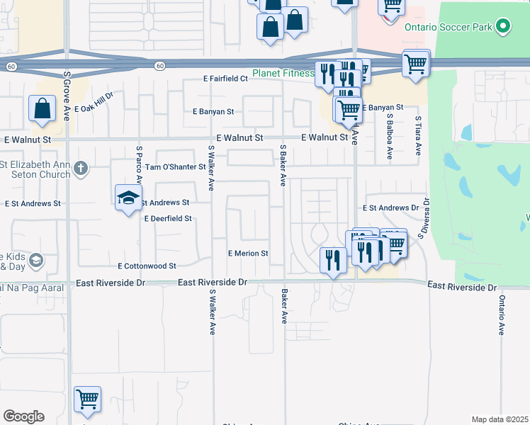 map of restaurants, bars, coffee shops, grocery stores, and more near 2812 S Castle Harbour Pl in Ontario