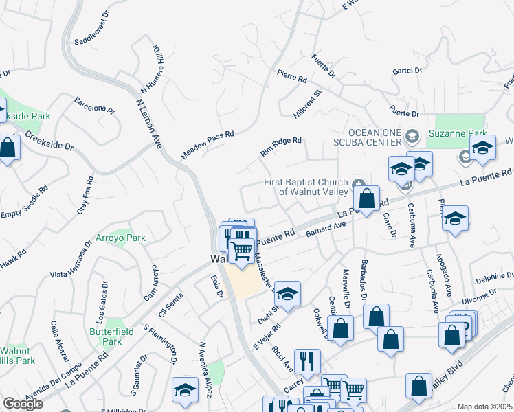 map of restaurants, bars, coffee shops, grocery stores, and more near 605 Broken Bow Lane in Walnut