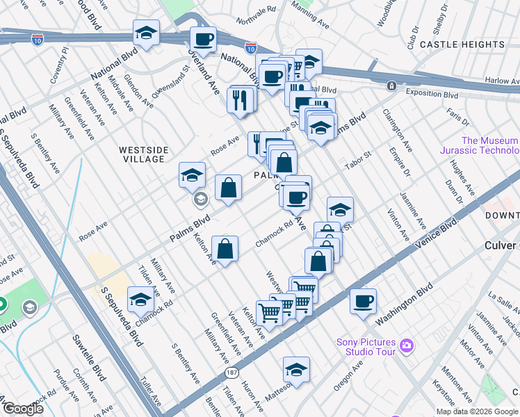 map of restaurants, bars, coffee shops, grocery stores, and more near 10748 Westminster Avenue in Los Angeles