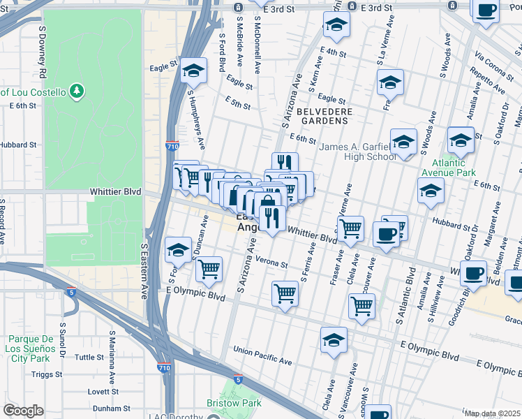 map of restaurants, bars, coffee shops, grocery stores, and more near 806 South Arizona Avenue in East Los Angeles