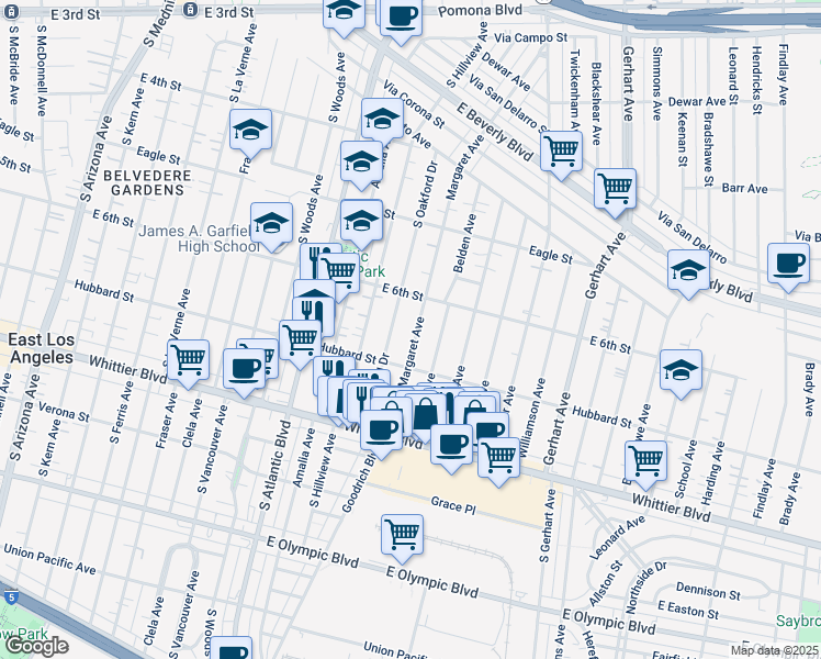 map of restaurants, bars, coffee shops, grocery stores, and more near 630 Margaret Avenue in East Los Angeles