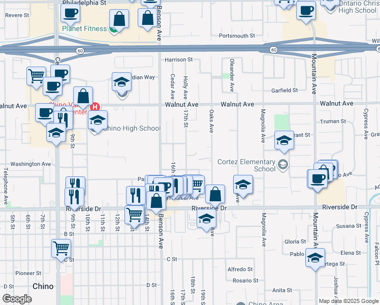 map of restaurants, bars, coffee shops, grocery stores, and more near 12685 17th Street in Chino