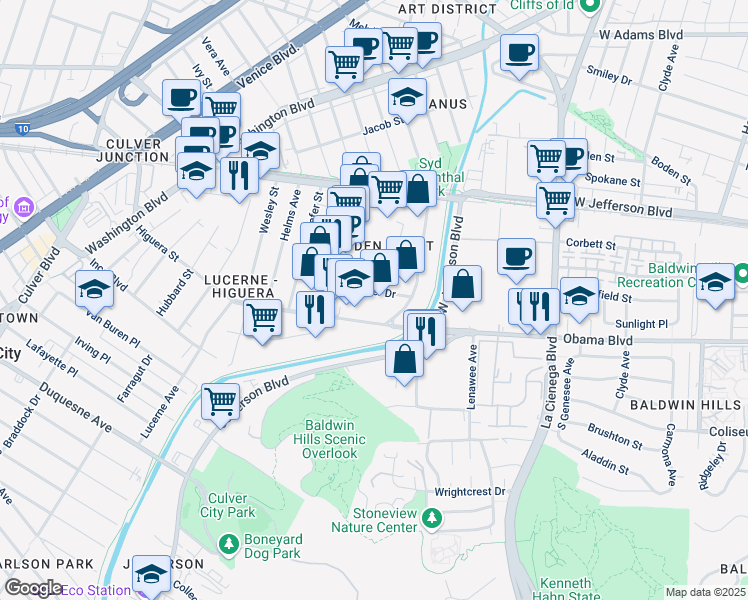 map of restaurants, bars, coffee shops, grocery stores, and more near 8476 Warner Dr in Culver City