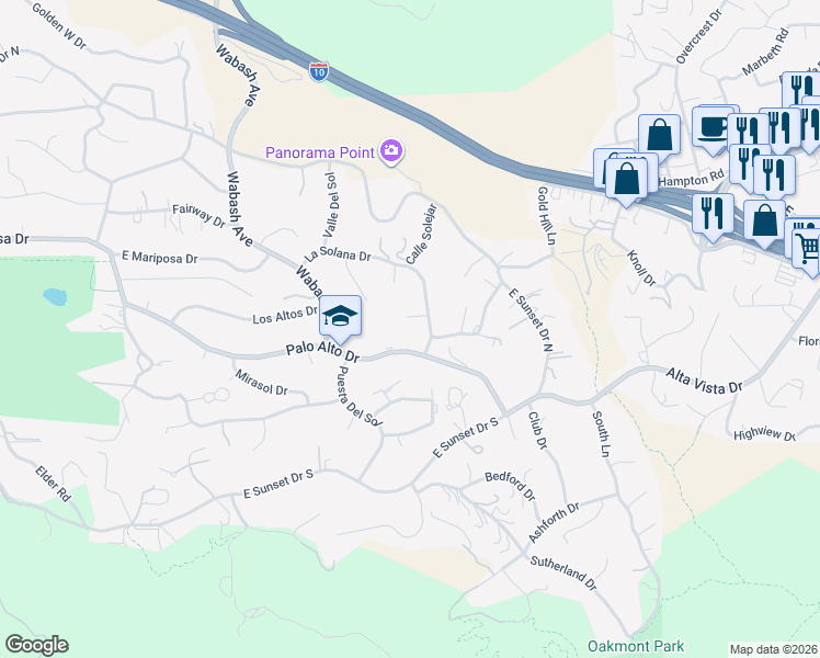 map of restaurants, bars, coffee shops, grocery stores, and more near 30833 La Solana Court in Redlands
