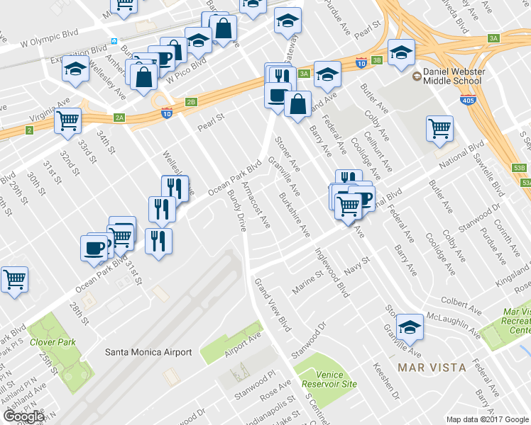 map of restaurants, bars, coffee shops, grocery stores, and more near 2736 Armacost Avenue in Los Angeles