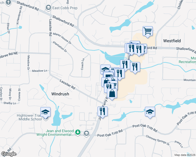 map of restaurants, bars, coffee shops, grocery stores, and more near 3025 Waterfront Circle in Marietta
