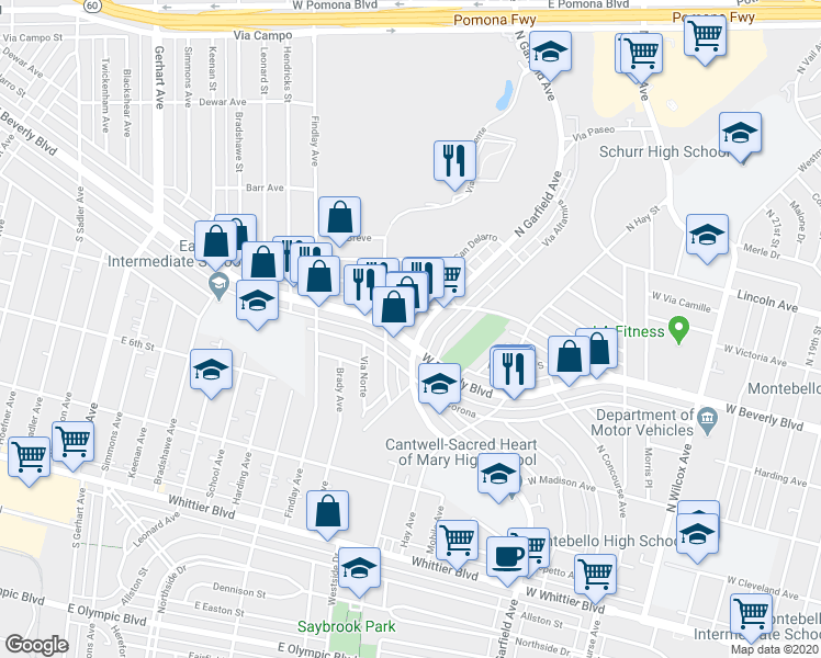 map of restaurants, bars, coffee shops, grocery stores, and more near in Montebello