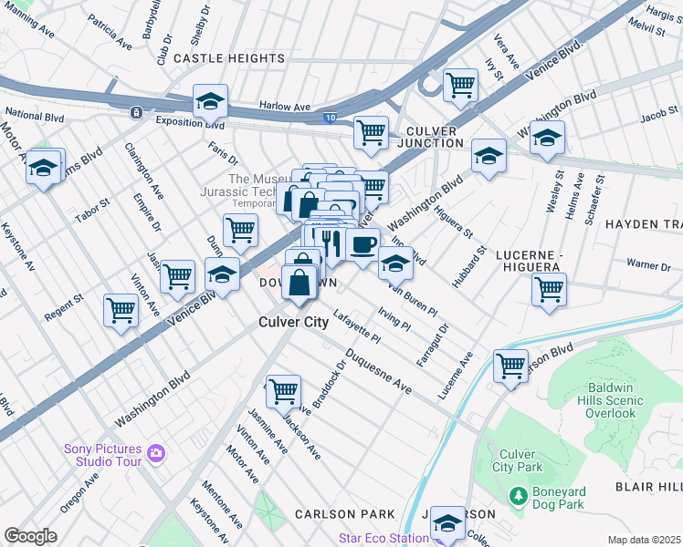 map of restaurants, bars, coffee shops, grocery stores, and more near 9552 Culver Boulevard in Culver City