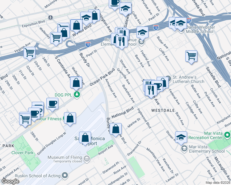 map of restaurants, bars, coffee shops, grocery stores, and more near 2736 Armacost Avenue in Los Angeles