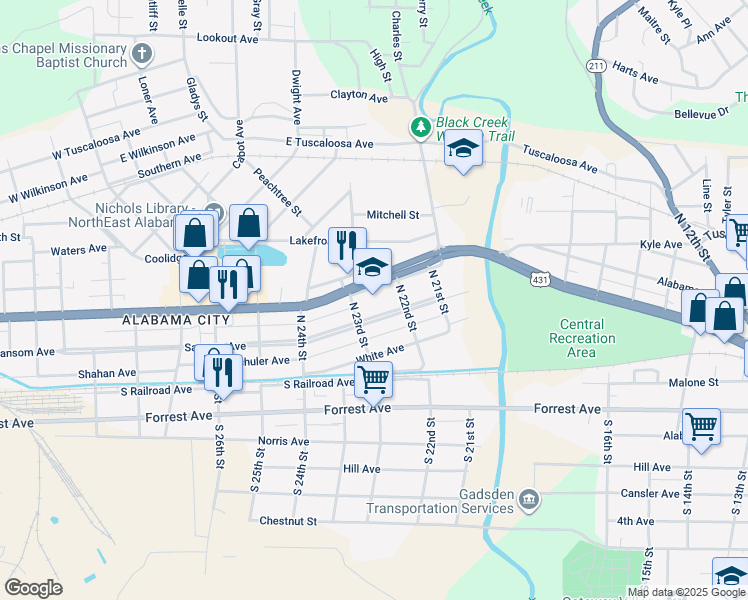 map of restaurants, bars, coffee shops, grocery stores, and more near 2210 West Meighan Boulevard in Gadsden
