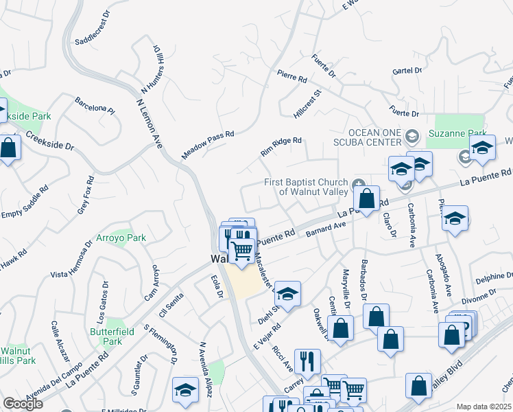 map of restaurants, bars, coffee shops, grocery stores, and more near 605 Broken Bow Lane in Walnut