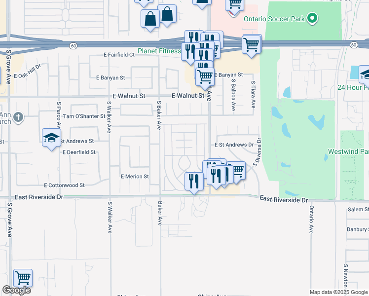 map of restaurants, bars, coffee shops, grocery stores, and more near Grove Place in Ontario